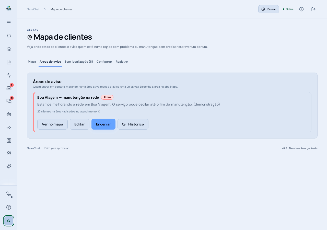Aba Áreas de aviso: a área ativa, a mensagem, quantos clientes estão dentro e os botões Ver no mapa, Editar, Encerrar e Histórico.
