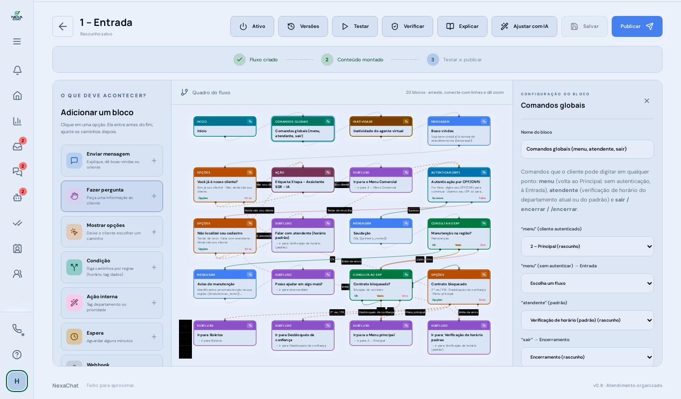 Editor de fluxos: O modelo de atendimento de provedor ligado bloco a bloco.